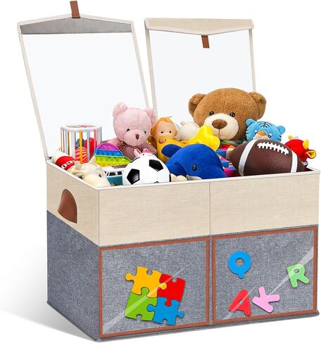 2 Pack Large Toy Storage Box with Clear Lids Collapsible Toys Chest Organizer Bin Basket with Adjustable Dividers for Kids Boys Girls Living Room Nursery Playroom Closet Beige and Grey in Saudi Arabia