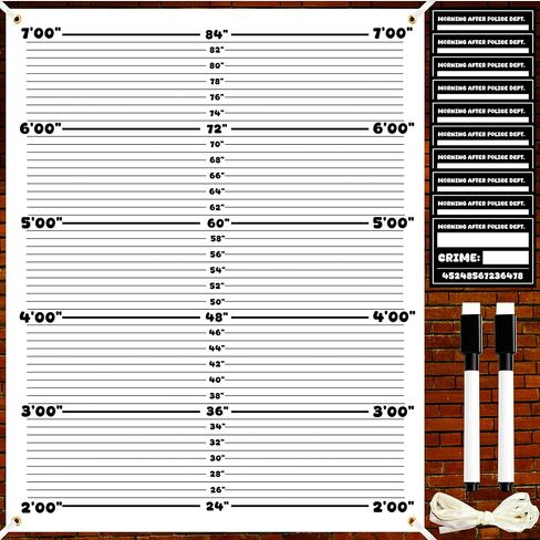 4.5x5.6ft Mugshot Backdrop Photo Booth Props Mugshot Signs Arrested Height Photography with 10 Double-Sides Cards & 2 Markers & 19.68ft Ribbon for Bachelorette Party Decorations Girls Night Out in Kuwait
