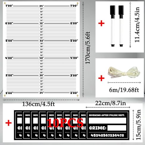 4.5x5.6ft Mugshot Backdrop Photo Booth Props Mugshot Signs Arrested Height Photography with 10 Double-Sides Cards & 2 Markers & 19.68ft Ribbon for Bachelorette Party Decorations Girls Night Out in Kuwait