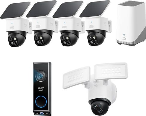 eufy Security SoloCam S340 4-Cam Kit (HomeBase S380) مع جرس باب فيديو E340 وكاميرا Floodlight E340، كاميرا أمان تعمل بالطاقة الشمسية، بدون رسوم شهرية in Kuwait