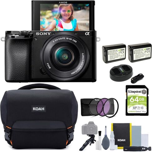 Sony Alpha a6100 APS-C Mirrorless Interchangeable-Lens Camera with 16-50mm Lens Bundle with Gadget Bag, 40.5mm 3-Piece UV, CPL, FLD Lens Filter Kit, Rechargeable Battery, and Memory Card (5 Items) in Saudi Arabia