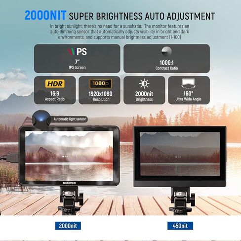 NEEWER F700 7" Camera Field Monitor + Monitor Mount, 2000nit HD 1920x1080 IPS Touch Screen with 3D LUT, 4K HDMI Loop in/Out with Peak Focus DSLR Video Assist HDR Waveform, 2 NP-F750 Batteries & Cable in Saudi Arabia
