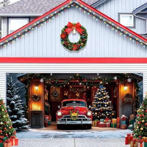 Christmas Garage Door Cover Decorations 7x16ft Winter Merry Xmas Banner Backdrop Truck Snow Tree Background Large Outdoor Holiday Decor in Saudi Arabia