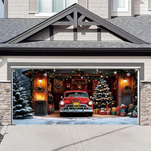 Christmas Garage Door Cover Decorations 7x16ft Winter Merry Xmas Banner Backdrop Truck Snow Tree Background Large Outdoor Holiday Decor in Saudi Arabia