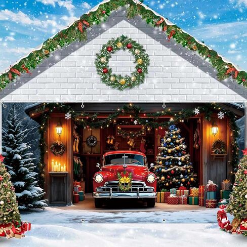 Christmas Garage Door Cover Decorations 7x16ft Winter Merry Xmas Banner Backdrop Truck Snow Tree Background Large Outdoor Holiday Decor in Saudi Arabia