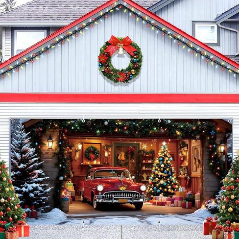 Christmas Garage Door Cover Decorations 7x16ft Winter Merry Xmas Banner Backdrop Truck Snow Tree Background Large Outdoor Holiday Decor in Saudi Arabia