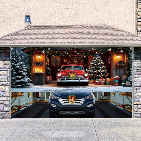 Christmas Garage Door Cover Decorations 7x16ft Winter Merry Xmas Banner Backdrop Truck Snow Tree Background Large Outdoor Holiday Decor in Saudi Arabia