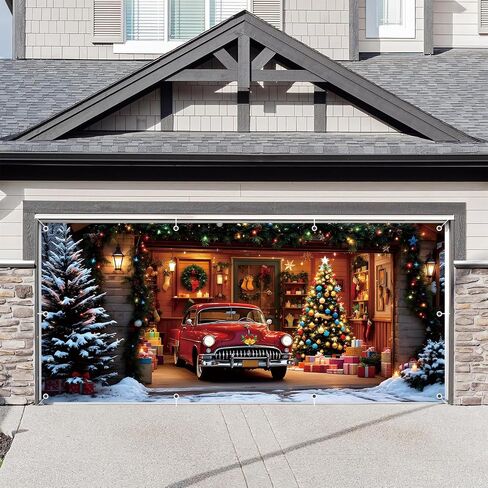 Christmas Garage Door Cover Decorations 7x16ft Winter Merry Xmas Banner Backdrop Truck Snow Tree Background Large Outdoor Holiday Decor in Saudi Arabia