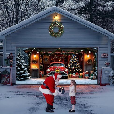 Christmas Garage Door Cover Decorations 7x16ft Winter Merry Xmas Banner Backdrop Truck Snow Tree Background Large Outdoor Holiday Decor in Saudi Arabia