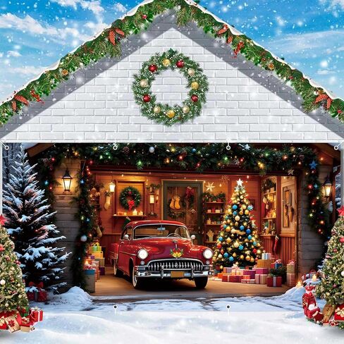 Christmas Garage Door Cover Decorations 7x16ft Winter Merry Xmas Banner Backdrop Truck Snow Tree Background Large Outdoor Holiday Decor in Saudi Arabia