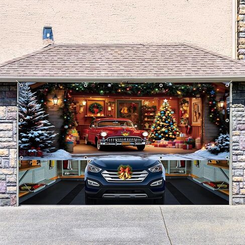 Christmas Garage Door Cover Decorations 7x16ft Winter Merry Xmas Banner Backdrop Truck Snow Tree Background Large Outdoor Holiday Decor in Saudi Arabia