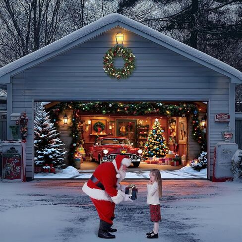 Christmas Garage Door Cover Decorations 7x16ft Winter Merry Xmas Banner Backdrop Truck Snow Tree Background Large Outdoor Holiday Decor in Saudi Arabia