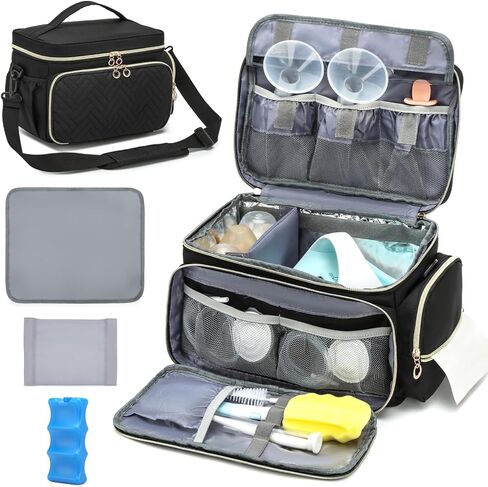 حقيبة مضخة الثدي تناسب Spectra S1/S2 - حقيبة مضخة Spectra مع حزمة ثلج وبساط مقاوم للماء، حقيبة سفر محمولة لتبريد حليب الثدي للعمل والاستخدام العائلي، أسود in Kuwait