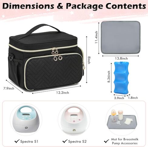 حقيبة مضخة الثدي تناسب Spectra S1/S2 - حقيبة مضخة Spectra مع حزمة ثلج وبساط مقاوم للماء، حقيبة سفر محمولة لتبريد حليب الثدي للعمل والاستخدام العائلي، أسود in Kuwait