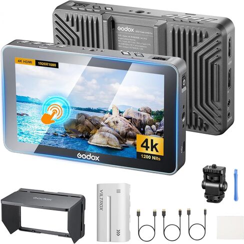 Godox GM6S Pro شاشة لمس ميدانية للكاميرا 2000nits 5.5 بوصة شاشة تحكم في الكاميرا مع غطاء مظلة 4K @ 60 هرتز HDMI، لون زائف، جلد بصل، شكل موجي، LUT ثلاثي الأبعاد، تركيز الذروة، بطاريات وكابل NP-F in Kuwait