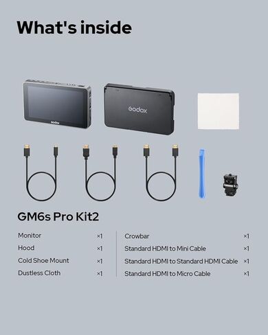 Godox GM6S Pro شاشة لمس ميدانية للكاميرا 2000nits 5.5 بوصة شاشة تحكم في الكاميرا مع غطاء مظلة 4K @ 60 هرتز HDMI، لون زائف، جلد بصل، شكل موجي، LUT ثلاثي الأبعاد، تركيز الذروة، بطاريات وكابل NP-F in Kuwait