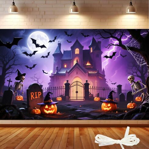 Halloween Backdrop 6x3.6ft Happy Halloween Backdrops for Photoshoot Jack O'Lantern Pumpkin Lantern Horror Moon Night Scary Cemetery Background with 19.68ft Rope for Adult Family Party Birthday Decor in Saudi Arabia