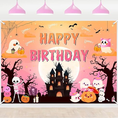 Halloween Birthday Banner Pink Ghost Castle Pumpkin Cute Halloween Birthday Backdrop Party Decorations for Girl in Saudi Arabia