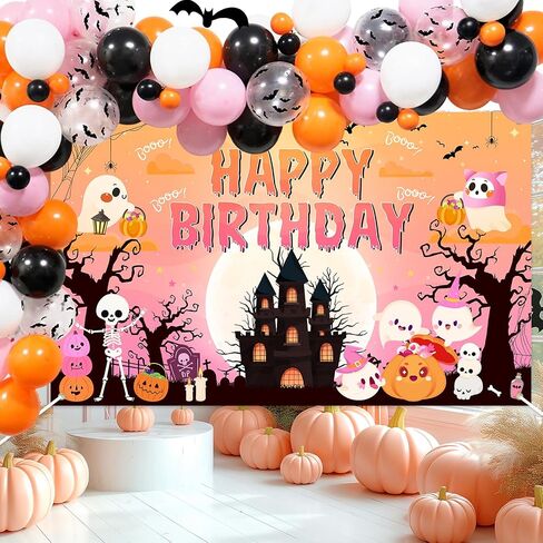 Halloween Birthday Banner Pink Ghost Castle Pumpkin Cute Halloween Birthday Backdrop Party Decorations for Girl in Saudi Arabia