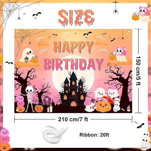 Halloween Birthday Banner Pink Ghost Castle Pumpkin Cute Halloween Birthday Backdrop Party Decorations for Girl in Saudi Arabia