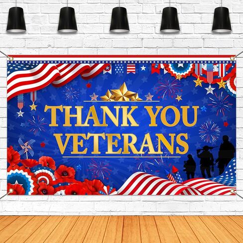 Mocsicka Thank You Veterans Backdrop Honoring All Who Served Patriotic Party Decoration Banner Veterans Day 4th of July Background Supplies (Blue and Red, 70.8x43.3 inch) in Saudi Arabia