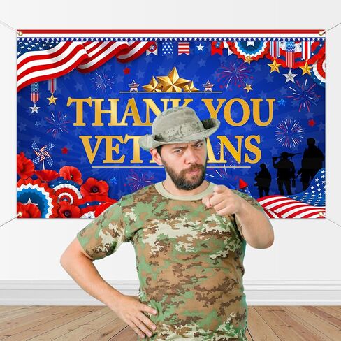 Mocsicka Thank You Veterans Backdrop Honoring All Who Served Patriotic Party Decoration Banner Veterans Day 4th of July Background Supplies (Blue and Red, 70.8x43.3 inch) in Saudi Arabia