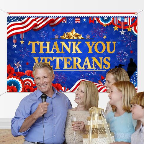 Mocsicka Thank You Veterans Backdrop Honoring All Who Served Patriotic Party Decoration Banner Veterans Day 4th of July Background Supplies (Blue and Red, 70.8x43.3 inch) in Saudi Arabia