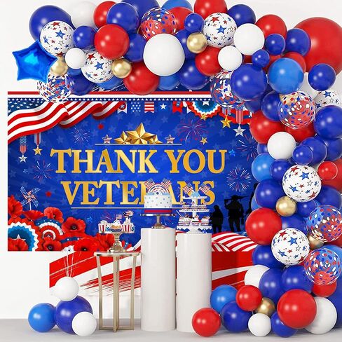 Mocsicka Thank You Veterans Backdrop Honoring All Who Served Patriotic Party Decoration Banner Veterans Day 4th of July Background Supplies (Blue and Red, 70.8x43.3 inch) in Saudi Arabia