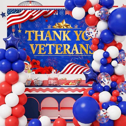 Mocsicka Thank You Veterans Backdrop Honoring All Who Served Patriotic Party Decoration Banner Veterans Day 4th of July Background Supplies (Blue and Red, 70.8x43.3 inch) in Saudi Arabia