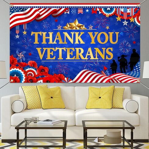 Mocsicka Thank You Veterans Backdrop Honoring All Who Served Patriotic Party Decoration Banner Veterans Day 4th of July Background Supplies (Blue and Red, 70.8x43.3 inch) in Saudi Arabia