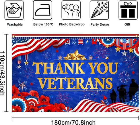 Mocsicka Thank You Veterans Backdrop Honoring All Who Served Patriotic Party Decoration Banner Veterans Day 4th of July Background Supplies (Blue and Red, 70.8x43.3 inch) in Saudi Arabia