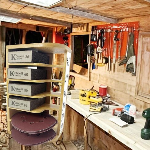Bamboo Sandpaper Holder & Organizer - Pre-Assembled Storage for 5 Inch Sanding Discs, Sanding Blocks & Saw Blades | Compact & Durable Woodworking Tool Accessory (10 bins) in Saudi Arabia