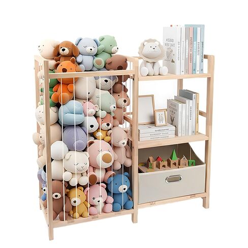 تخزين الحيوانات المحشوة مع رف للكتب، منظم ألعاب قطيفة مقاس 81.28 سم مع رف للكتب، حامل خشبي للحيوانات المحشوة مع صندوق قابل للإزالة، تخزين قطيفة حديقة الحيوان لغرفة النوم/غرفة اللعب/غرفة المعيشة in Kuwait