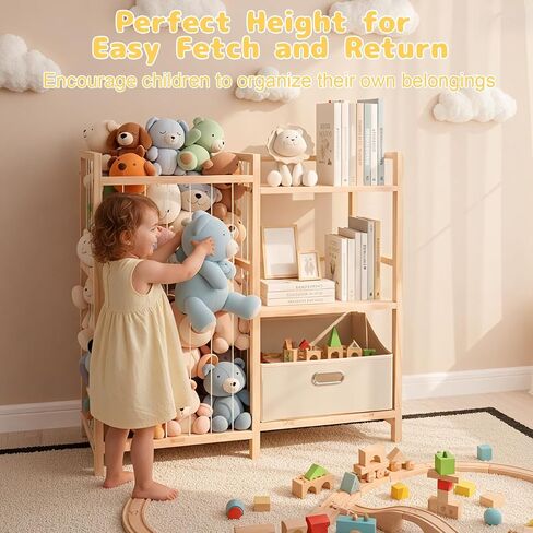 تخزين الحيوانات المحشوة مع رف للكتب، منظم ألعاب قطيفة مقاس 81.28 سم مع رف للكتب، حامل خشبي للحيوانات المحشوة مع صندوق قابل للإزالة، تخزين قطيفة حديقة الحيوان لغرفة النوم/غرفة اللعب/غرفة المعيشة in Kuwait