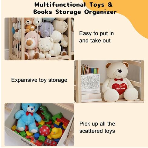تخزين الحيوانات المحشوة مع رف للكتب، منظم ألعاب قطيفة مقاس 81.28 سم مع رف للكتب، حامل خشبي للحيوانات المحشوة مع صندوق قابل للإزالة، تخزين قطيفة حديقة الحيوان لغرفة النوم/غرفة اللعب/غرفة المعيشة in Kuwait