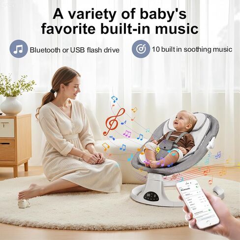 Baby Swing for Newborn to Toddler, 5 Speed Portable Infant Swing with Bluetooth Touch, Remote Control, 10 Lullabies, Timer, 5 Point Harness and Soft Fabric (Grey) in Saudi Arabia