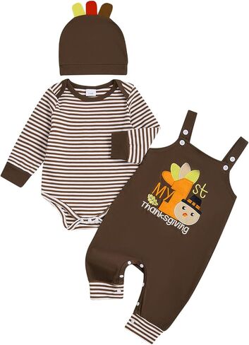 My 1st Thanksgiving Baby Boy Outfit Newborn Infant Striped Long Sleeve Romper Suspender Overalls Pants Hat 3Pcs Set in Saudi Arabia