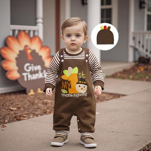 My 1st Thanksgiving Baby Boy Outfit Newborn Infant Striped Long Sleeve Romper Suspender Overalls Pants Hat 3Pcs Set in Saudi Arabia