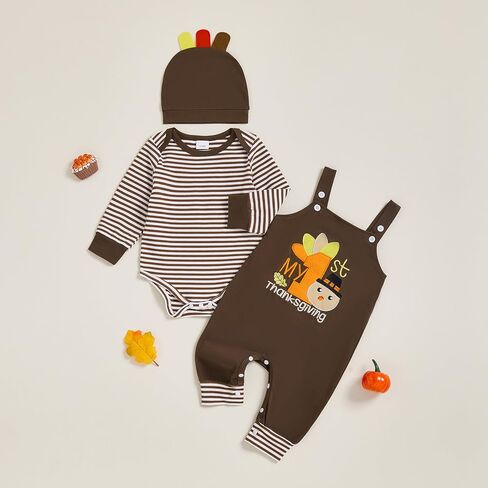 My 1st Thanksgiving Baby Boy Outfit Newborn Infant Striped Long Sleeve Romper Suspender Overalls Pants Hat 3Pcs Set in Saudi Arabia