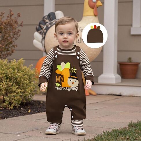 My 1st Thanksgiving Baby Boy Outfit Newborn Infant Striped Long Sleeve Romper Suspender Overalls Pants Hat 3Pcs Set in Saudi Arabia