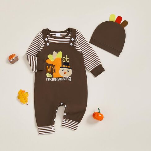My 1st Thanksgiving Baby Boy Outfit Newborn Infant Striped Long Sleeve Romper Suspender Overalls Pants Hat 3Pcs Set in Saudi Arabia