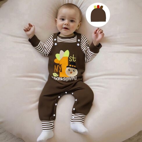 My 1st Thanksgiving Baby Boy Outfit Newborn Infant Striped Long Sleeve Romper Suspender Overalls Pants Hat 3Pcs Set in Saudi Arabia