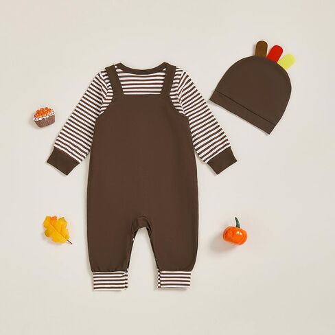 My 1st Thanksgiving Baby Boy Outfit Newborn Infant Striped Long Sleeve Romper Suspender Overalls Pants Hat 3Pcs Set in Saudi Arabia