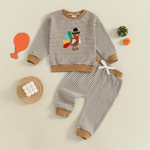 Toddler Baby Boy Girl Thanksgiving Outfit Turkey Embroidery Striped Waffle Knit Long Sleeve Sweatshirt and Pants Set in Saudi Arabia