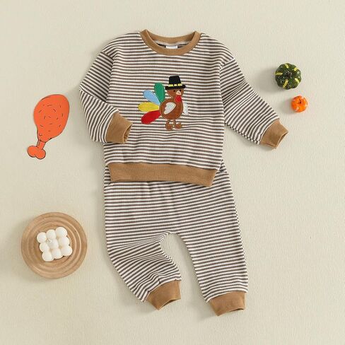 Toddler Baby Boy Girl Thanksgiving Outfit Turkey Embroidery Striped Waffle Knit Long Sleeve Sweatshirt and Pants Set in Saudi Arabia