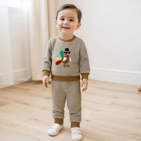 Toddler Baby Boy Girl Thanksgiving Outfit Turkey Embroidery Striped Waffle Knit Long Sleeve Sweatshirt and Pants Set in Saudi Arabia