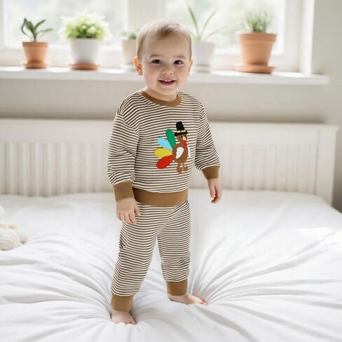 Toddler Baby Boy Girl Thanksgiving Outfit Turkey Embroidery Striped Waffle Knit Long Sleeve Sweatshirt and Pants Set in Saudi Arabia