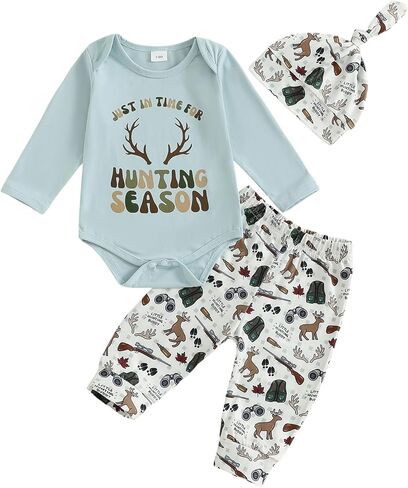 Seyurigaoka Newborn Baby Boy Hunting Outfit Deer Mallard Duck Romper Camo Pants Set Hat 3 Piece Fall Winter Farm Clothes in Saudi Arabia