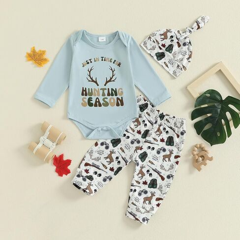 Seyurigaoka Newborn Baby Boy Hunting Outfit Deer Mallard Duck Romper Camo Pants Set Hat 3 Piece Fall Winter Farm Clothes in Saudi Arabia