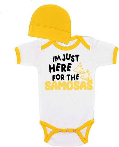 Funny Desi Baby Outfit, Indian Party Baby Bodysuit and Cap Gift set - Im here for the Samosas in Saudi Arabia